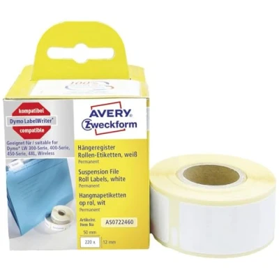 Afbeelding van Avery Zweckform Rol met etiketten Compatibel vervangt DYMO 99017, S0722460 50 x 12 mm Papier Wit 220 stuk(s) Permanent hechtend Hangmapetiketten AS0722460