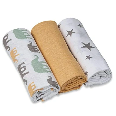 Afbeelding van Grünspecht 1500 V6 Mullluiers 70 x cm van 100% katoen, spuugdoeken, zonder optische witmakers, huidvriendelijk en absorberend, 3 stuks, geel, sterren, olifanten