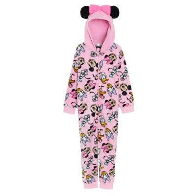 Afbeelding van Disney Minnie Mouse Onesie met 3D oren capuchon meisjes alles in één pyjama kinderen fleece aankleden nachtkleding, roze, 5 6 jaar