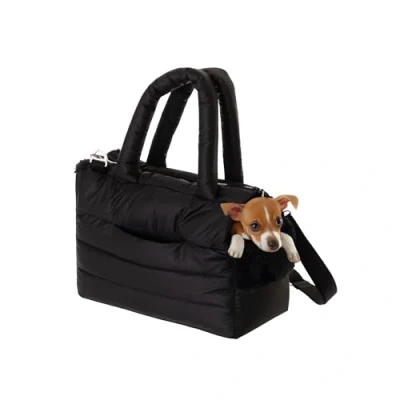 Afbeelding van Hondentas, puppytas, draagtas voor kleine en middelgrote hond, kat, M, tot 8 kg, tas onderweg, hondendrager met karabijnhaak, transporttas, zwart