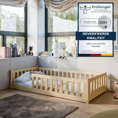 Afbeelding van Kinderbed Vloerbed 80x160 cm Bed met uitvalbescherming &amp; lattenbodem Montessoribed Kinderledikant Jeugdbed Eenpersoonsbed optioneel matras natuurlijk massief grenenhout jongen meisje