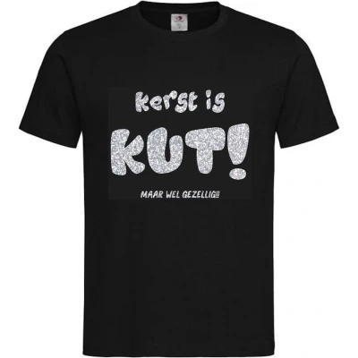 Afbeelding van T shirt Unisex Volwassenen Kerst Kerstmis Man Vrouw Grappig Tekst &quot;Kerst is KUT maar wel gezellig!!&quot; Op Voorkant korte mouw Zwart/Zilver GLITTER maat S