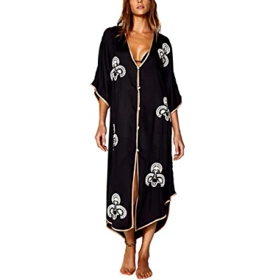 Afbeelding van YouKD zomer katoen geborduurd bloemen los vest Boho strand bikini cover up jurk plus size badjas voor vrouwen