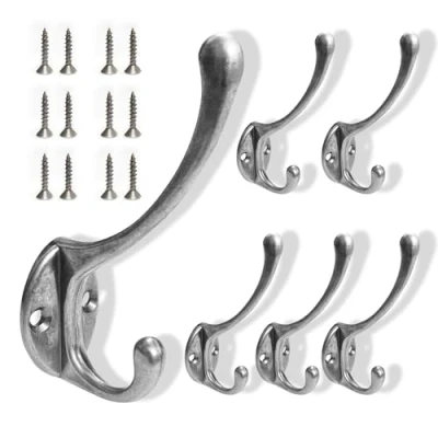 Afbeelding van 6 Stuks Jashaken, Vintage Metaal Kledinghaken, Dubbele garderobehaken, wandmontage hoedhaken, Met 12 Schroeven, Voor Slaapkamer, Garderobe, Paskamer, Badkamer Keuken Zilver