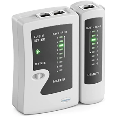 Afbeelding van deleyCON Netwerk Kabel Tester RJ11 RJ12 RJ45 ISDN LAN Netwerkkabel Patchkabel CAT6 CAT7 CAT8 Kabeltester Grijs