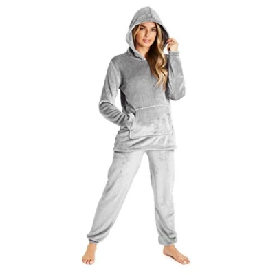 Afbeelding van CityComfort Damespyjama&#039;s, fleecepyjama&#039;s met capuchon dames en tieners, pluizige loungewearset, gezellige fleece pyjama&#039;s (grijs, XL)