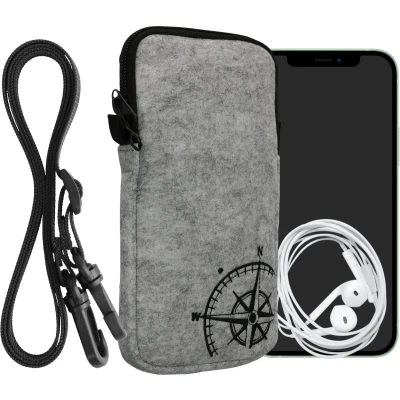 Afbeelding van kwmobile Tasje voor smartphones XXL 7&quot; Hoesje van vilt in zwart / lichtgrijs Phone case met nekkoord Vintage Kompas design