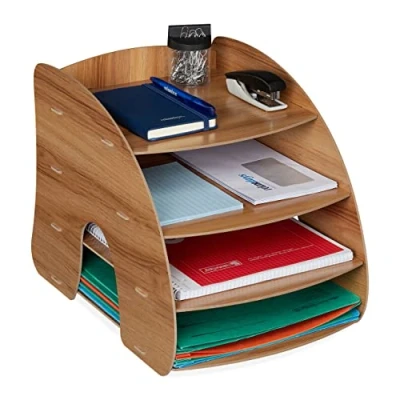 Afbeelding van Relaxdays brievenbak 4 vakken bureau organizer a4 sorteerbak brieven groot dark Brown