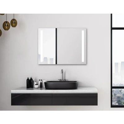 Afbeelding van badkamerspiegel met verlichting Talos Light 80 x 60 cm verlichte lichtuitsparingen lichtkleur neutraal wit hoogwaardig aluminium frame tuimelschakelaar