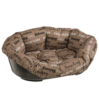 Afbeelding van Ferplast SOFA 10, Kunststof mand voor honden en katten met katoenen kussen, Dierenmand, Geperforeerde bodem, Antislip, Comfortabele kinsteun, 96 x 71 H 32 cm Bruin