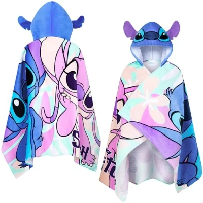 Afbeelding van Disney Stitch handdoek met capuchon voor kinderen, absorberende badhanddoek zwembad, strandvakantie essentials (blauw/multi, 6 14 jaar)