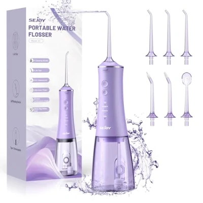 Afbeelding van Waterflossers voor het reinigen van tanden verbeterde 280 ml, Draadloze elektrische monddouche, waterflosser, 5 modi en 6 sproeiers, USB C oplaadbaar, IPX7 waterdicht, ml watertank, mondreiniger (paars)