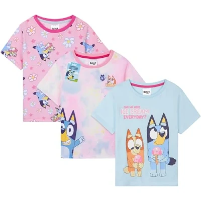 Afbeelding van Get Trend Top T shirts voor meisjes, set van 3, zacht, ademend, korte mouwen, casual, zomervakantie, tops, meisjeskleding, multipack shirts, Multi Bluey, 4 5 jaar