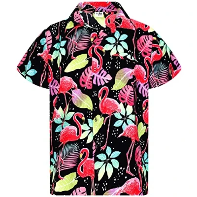 Afbeelding van King Kameha Heren Funky Flamingo&#039;s Hawaïaans shirt met korte mouwen nieuwigheid zomer vibes, flamingo&#039;s, zwart, XS, flamingos design XS
