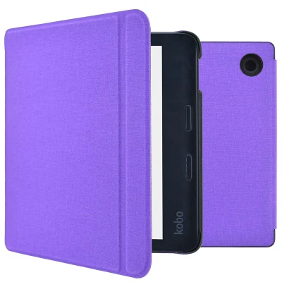 Afbeelding van Kobo Libra 2 Hoes: iMoshion Canvas Sleepcover Bookcase met stand Paars Kunstleder E Reader Hoezen
