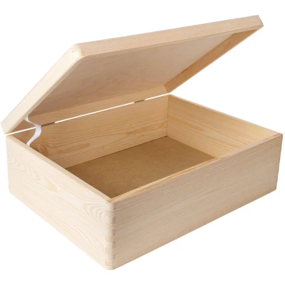 Afbeelding van Creative Deco XL Grote Houten kist met deksel 40x30x14 cm (+/ 1cm) Geheugenkistje babykistje Ongelakt kistje Zilveren scharnieren Voor documenten Speelgoed Gereedschap