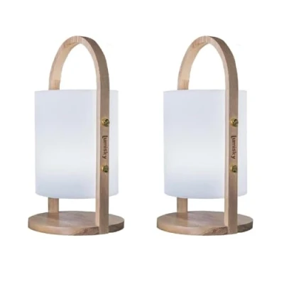 Afbeelding van Set van 2 draadloze lantaarns, Scandinavisch design, natuurlijke houten handgreep, led, warmwit/wit, dimbaar, WOODY H37cm