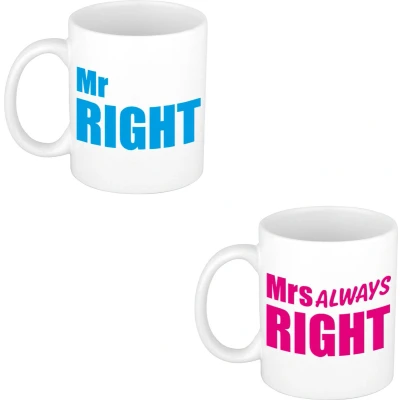 Afbeelding van Mr right en mrs always cadeau mok / beker wit met blauwe roze blokletters 300 ml feest mokken