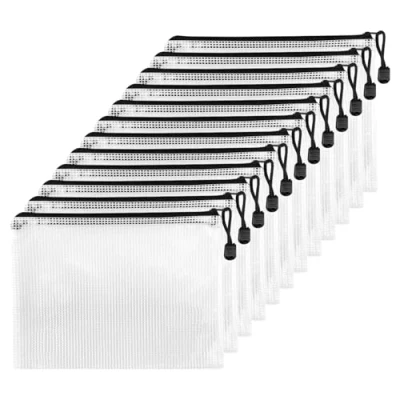 Afbeelding van Fousenuk 12 stuks A4 zakken met ritssluiting, waterdicht, netvakken, transparant, kunststof documentenvakken documentenvak voor documenten, bonnetjes, cosmetica, zwart