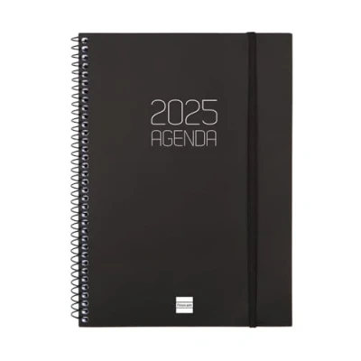 Afbeelding van Finocam Agenda spiraal Opaque 2025 week horizontale lay out januari december (12 maanden) Zwart Italiaans
