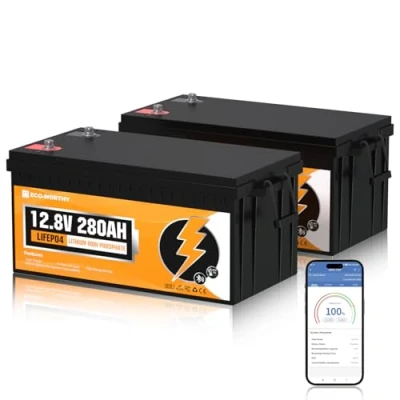 Afbeelding van ECO WORTHY LiFePO4 Bluetooth 12 V 280 Ah met 200 A BMS Low Temp bescherming en tot 15.000 cycli, 7 KWH lithiumbatterij voor camper, zonne installatie, complete set van 2