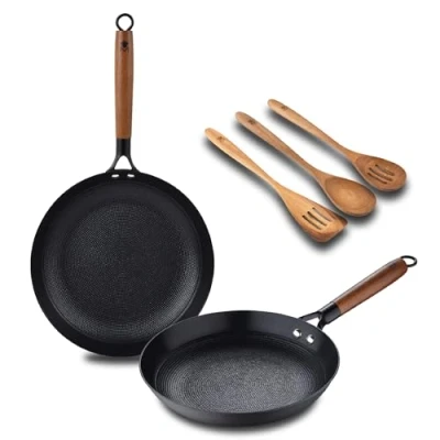 Afbeelding van MasterPro ODIN Kookset, pan 24 en 28 cm, 3 gebruiksvoorwerpen, hoogwaardig gietijzer, keramische coating, handgrepen van acacia, geschikt voor alle warmtebronnen, PFAS vrij