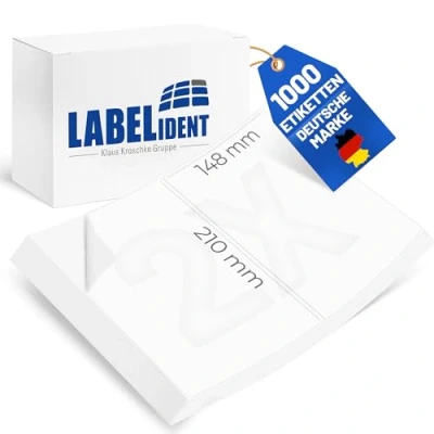 Afbeelding van Labelident Laseretiketten zelfklevend op DIN A4 vel 210 x 148 mm 1.000 verzendlabels in A5 formaat, DHL, DPD, Fedex, GLS, Hermes, UPS, 500 vellen papier laserprinter etiketten