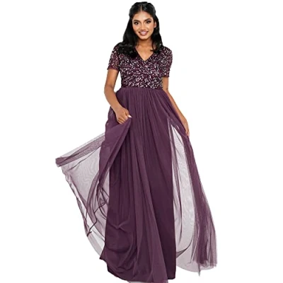Afbeelding van Maya Deluxe Dames V hals versierd maxi jurk bruidsmeisje, bessen, 20