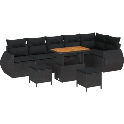 Afbeelding van vidaXL 9 Delig Tuin Sofa Set met Kussens Zwart Poly Rattan Acacia