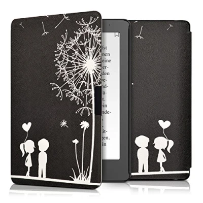 Afbeelding van kwmobile E reader hoesje geschikt voor Kobo Aura Edition 2 hoes flip case met magnetische sluiting Ereader cover Paardenbloemen Liefde design in wit / zwart