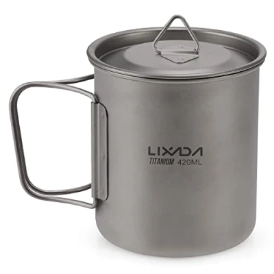 Afbeelding van Dragbare pot/beker van titanium, voor op de camping, met klapgreep, 300 ml/350 ml/420 ml/550 ml/650 ml/750 ml/900 ml/1600 ml