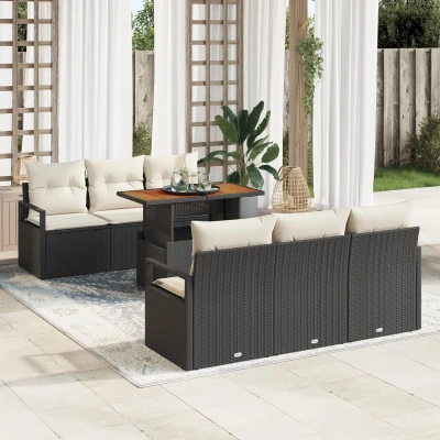 Afbeelding van vidaXL 7 delige Tuin Sofa Set met Kussens Zwart Poly Riet Acacia