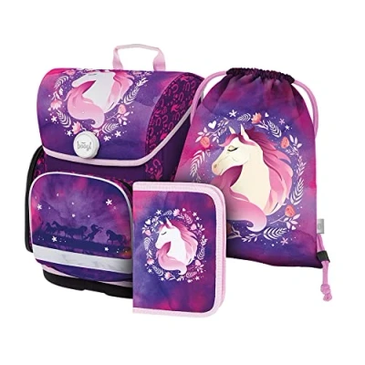 Afbeelding van Baagl Ergo Schooltas voor jongens, 3 delig, ergonomische basisschool, rugzak, tornister met borstband, paard, Schooltassenset