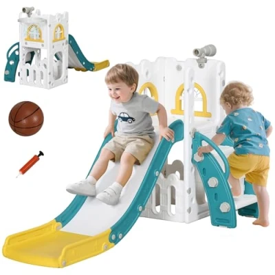 Afbeelding van AIYAPLAY Kinderrutsche, 4 in 1, Kleinkinderrutsche mit Basketballkorb, Teleskop Klettergerüst Rutsche Basketball für Kinder 1 3 Jahre, Indoor, Gelb 70 x 177 92 cm