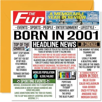 Afbeelding van 23e verjaardagskaarten voor mannen vrouwen geboren in 2001 krant Happy 23 verjaardagskaart zoon dochter neef vintage retro terug 2001, 145 mm x drieëntwintig derde verjaardag