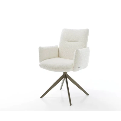 Afbeelding van Eetkamerstoel Jova Flex met armleuning kruisframe breed afwerking titaniumeffect bouclé wit pocketveer kern 360 draaibaar