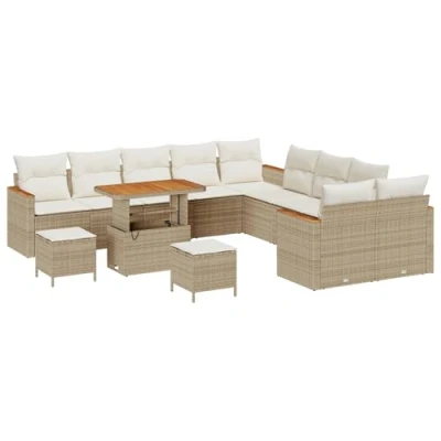 Afbeelding van vidaXL 13 delige tuinbankset met kussens beige poly rattan en acacia