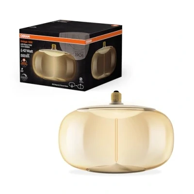 Afbeelding van OSRAM Vintage 1906 Big Elipse is a dimmable LED lamp made of plastic with an elliptical filament. It offers 12 W for 500 lm, E27 socket, amber design, 300 mm diameter, CRI 80, 1,800 K.