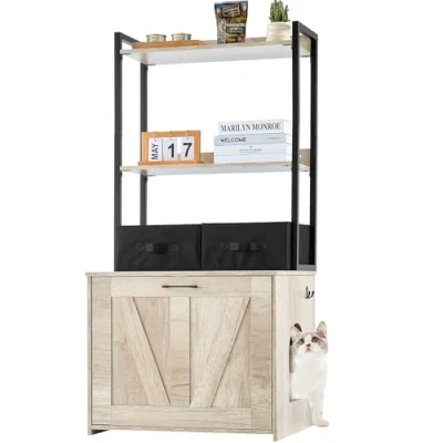 Afbeelding van VEVOR Kattenbakbehuizing, verborgen kattenbakmeubels met 2 opbergplanken en manden, houten kattenwasruimte binnen, kattenhuiskast past op de meeste kattenbak, 50 cm L x 47 B H, natuurlijk