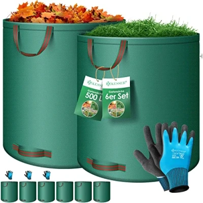 Afbeelding van KESSER® Tuinzak, 6 x 500 liter, bladzak, tuinafvalzak inclusief handschoenen, zelfstaand, 4 handgrepen, stabiel, robuust en opvouwbaar, bladzakken, grasmaaien, tuinzakken voor tuinafval, groen