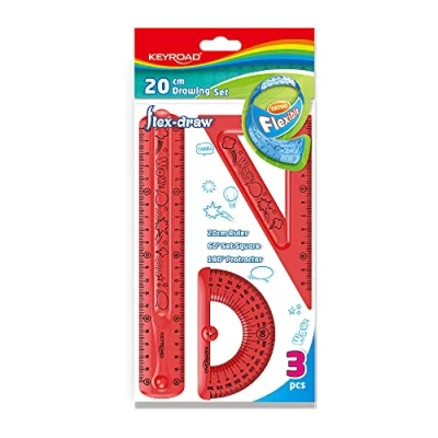 Afbeelding van KEYROAD Geometrieset Flexibel/Flex Draw met grafische/wiskundeset 3 delig: 1 x liniaal 20 cm, tekendriehoek, gradenboog/gat om op te hangen/gemengde kleuren MIX