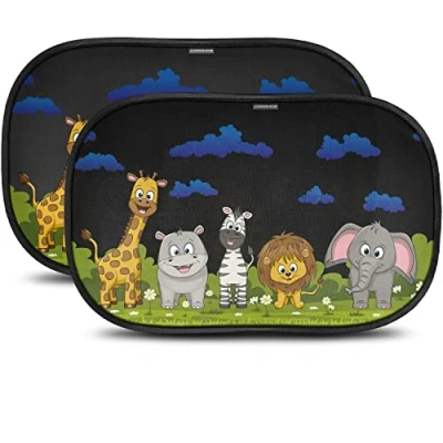 Afbeelding van Zonnescherm met gecertificeerde uv bescherming voor baby’s in de auto optimale duisternis zuignappen universele afmetingen 51 x 31 cm dierenontwerp 2 stuks