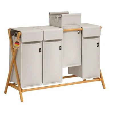 Afbeelding van ADEL DREAM wasmand 2 compartimenten 100 l bamboe voor vuile wassorteerder houten met deksel X vormige planken (200 lichtgrijs)