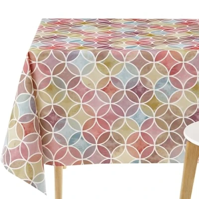 Afbeelding van KP HOME PVC afwasbaar tafelkleed rechthoekig 250 x 140 cm / 98 55 inch tot 8 zitplaatsen waterdicht vinyl tafelzeil met naadloze geometrische cirkels in veelkleurig paars