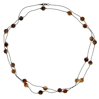 Afbeelding van Behave Lange ketting rosè goud kleur met bruine kralen 150 cm