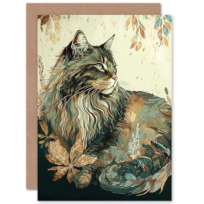 Afbeelding van Artery8 Maine Coon Cat with Flower Pattern Modern Watercolour Illustration Art Birthday Sealed Greeting Card Plus Envelope Blank inside