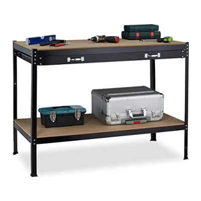 Afbeelding van Relaxdays werkbank met lade werktafel staal 2 verdiepingen tot 100kg zwart/bruin