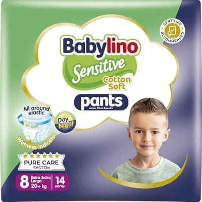 Afbeelding van Babylino Sensitive Cotton Soft Luiers Maat 8, Broek XXL (20+ kg), 14 Stuk