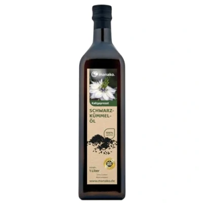 Afbeelding van manako human zwarte komkommerolie, koudgeperst, 100% puur, 1000 ml glazen fles (1 x 1 l)
