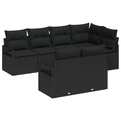Afbeelding van vidaXL 7 delige Tuin Sofa Set met Kussens Zwart Poly Rattan, 2 Persoons Rattan